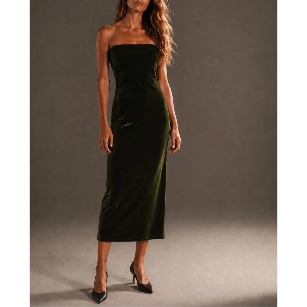 DRA Velvet Midi Dress NWT M Olive Green Strapless Column Cocktail Formal Holiday